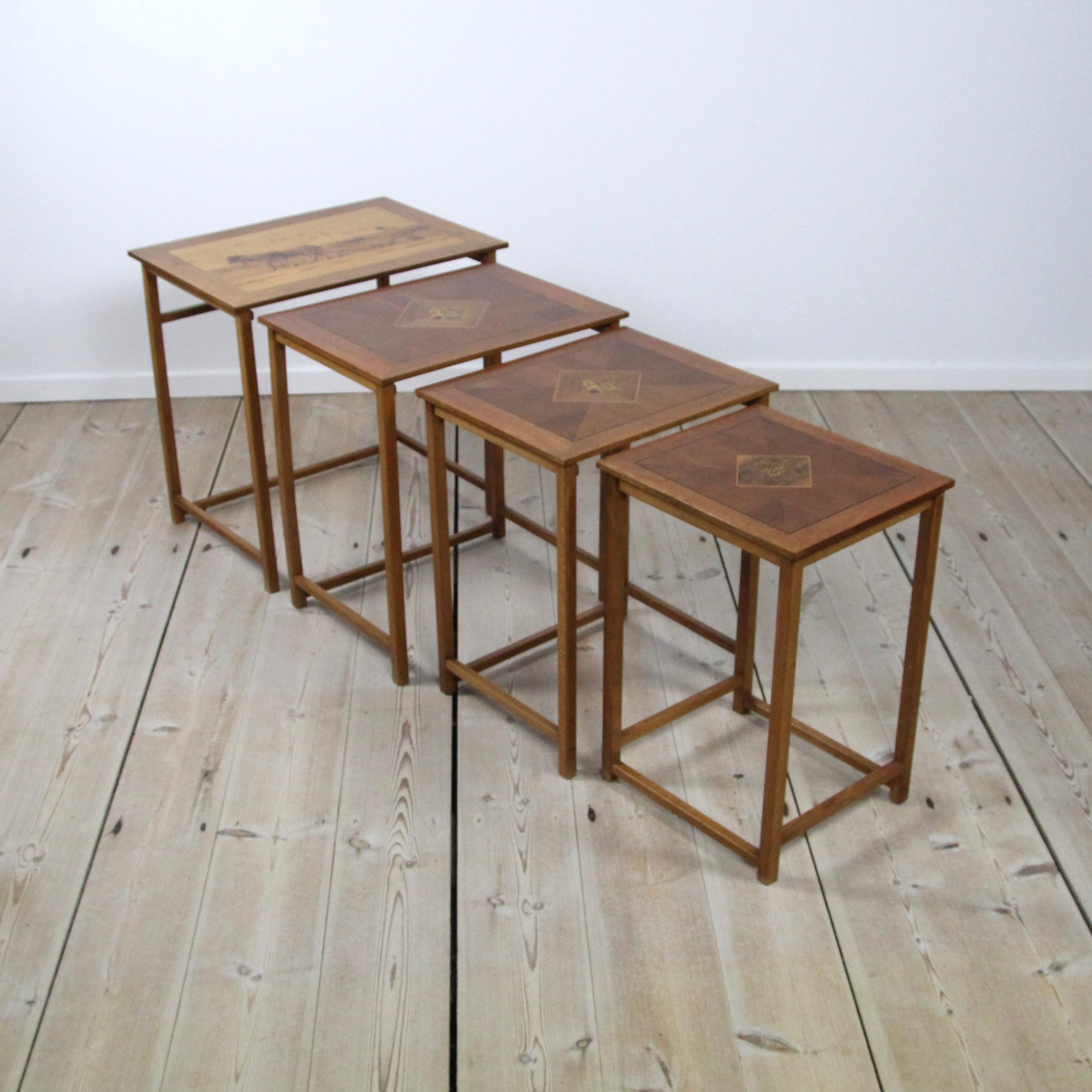 Set of 4 nest tables in oak w/ inlay – 1950’s